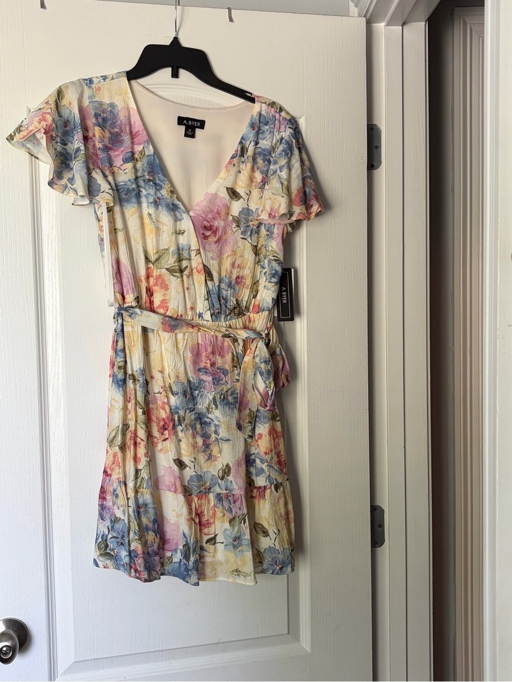 A. Byer Cream Floral Wrap Mini Dress with Pastel Pink and Blue